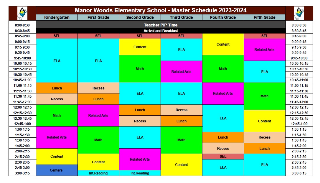 20232024 Master Schedule Manor Woods Elementary School